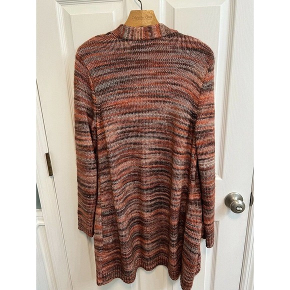 Chicos Size 1 Womens Long Open Cardigan Cotton Acrylic Orange Multi Preowned​ - Picture 2 of 8